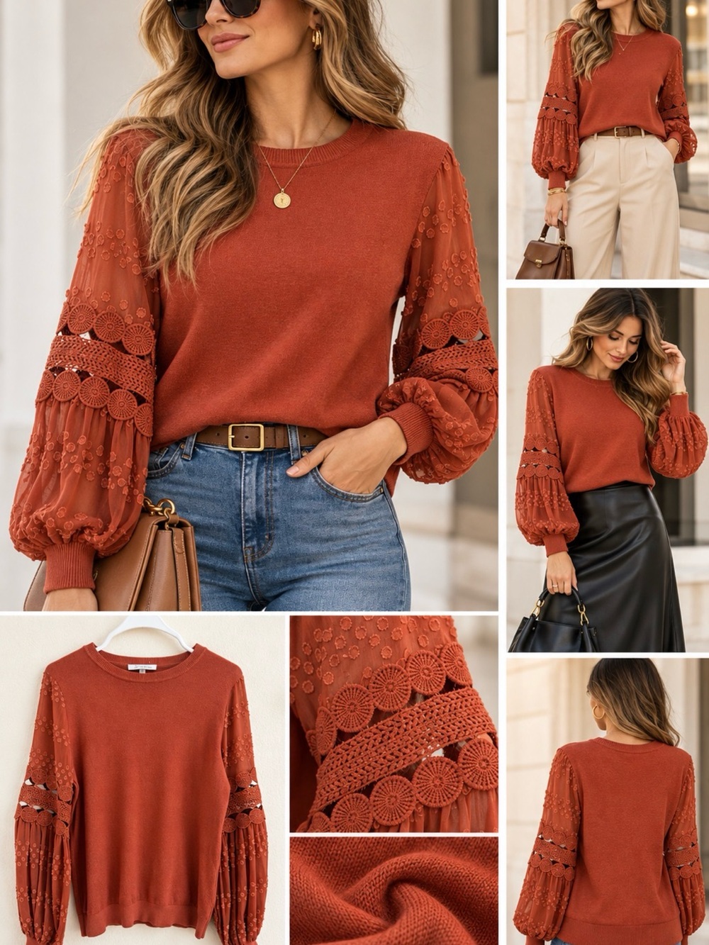Sioni Rust Crochet Lace Balloon Sleeve Sweater